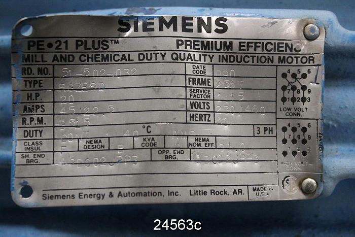 Used Siemens RG2E SD Ac Motor; 20Hp; 3515Rpm; 230/460V; Frame 256T #24563