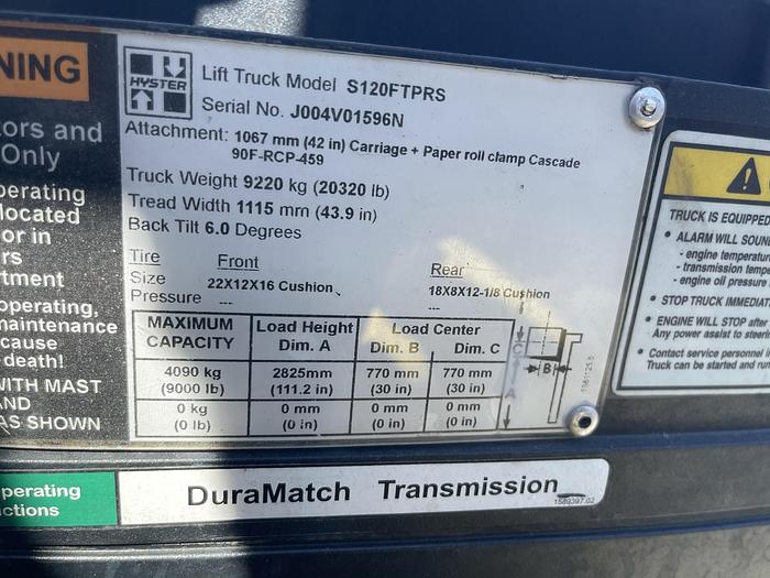 Used 12,000 POUND HYSTER ROLL CLAMP FORKLIFT W/ 60" CASCADE CLAMP 1,600 HOURS - PENDING