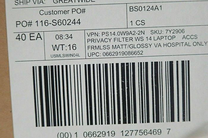 Used V7 PS14.0W9A2 14" Widescreen 16:9 Privacy Filters - 40 Units/Case