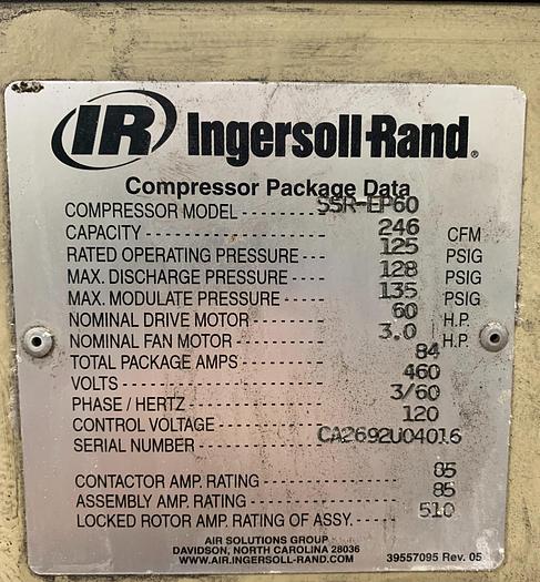 Used INGERSOLL RAND SSR-EP60 SCREW TYPE AIR COMPRESSOR 60 HP, 246 CFM, 125 PSIG