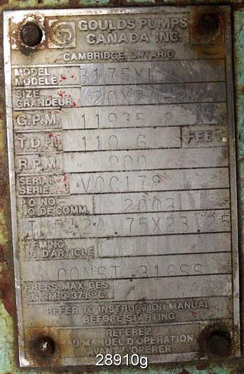 Used Goulds 3175, 20x24x28, SS Casing, SS 4 Vane 21" Impeller #28910