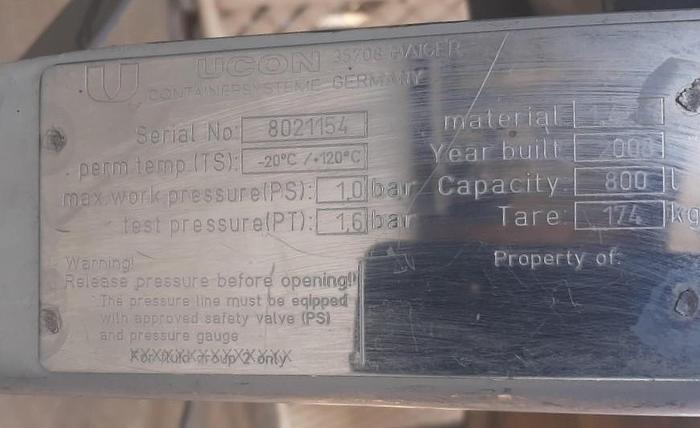 Used Tank, 211 Gallon, S/st, Ucon, 42" X 36", Jkt, DT/DB, A - S744855