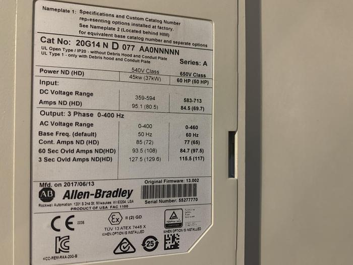 Used ALLEN BRADLEY POWERFLEX 755 DRIVE 60HP