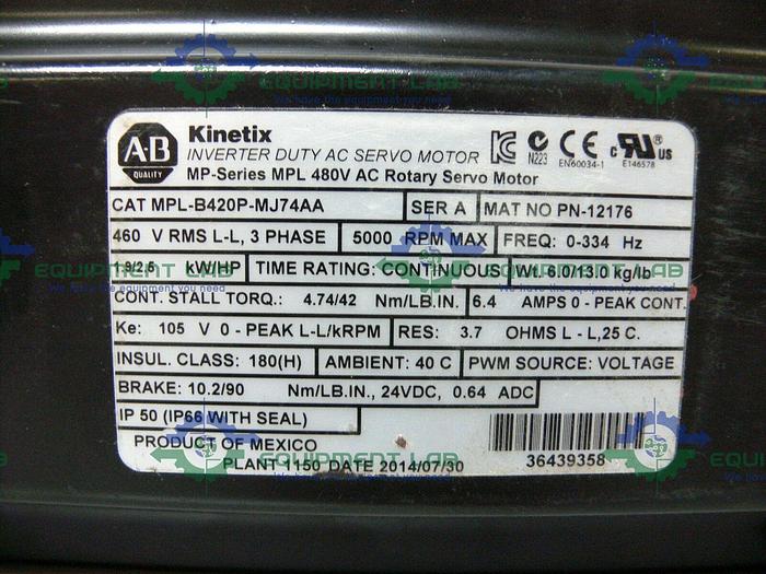 Used Allen Bradley MPL-B420P-MJ74AA Kinetix Brushless AC Servo Motor 460V 5000 Rpm