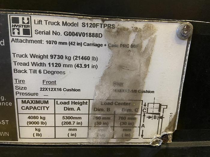 Used 12,000 POUND HYSTER MODEL S120FTPRS ROLL CLAMP TRUCK MFG. 2012