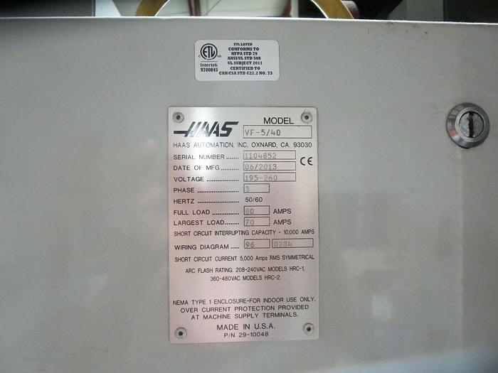 Used 2013 HAAS VF-5/40 4-Axis CNC Vertical Machining Center