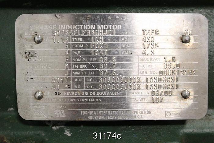 Used Toshiba B0054FLF3BMHJ01 5 Hp AC Motor, 1735 RPM, 460 Volt #31174
