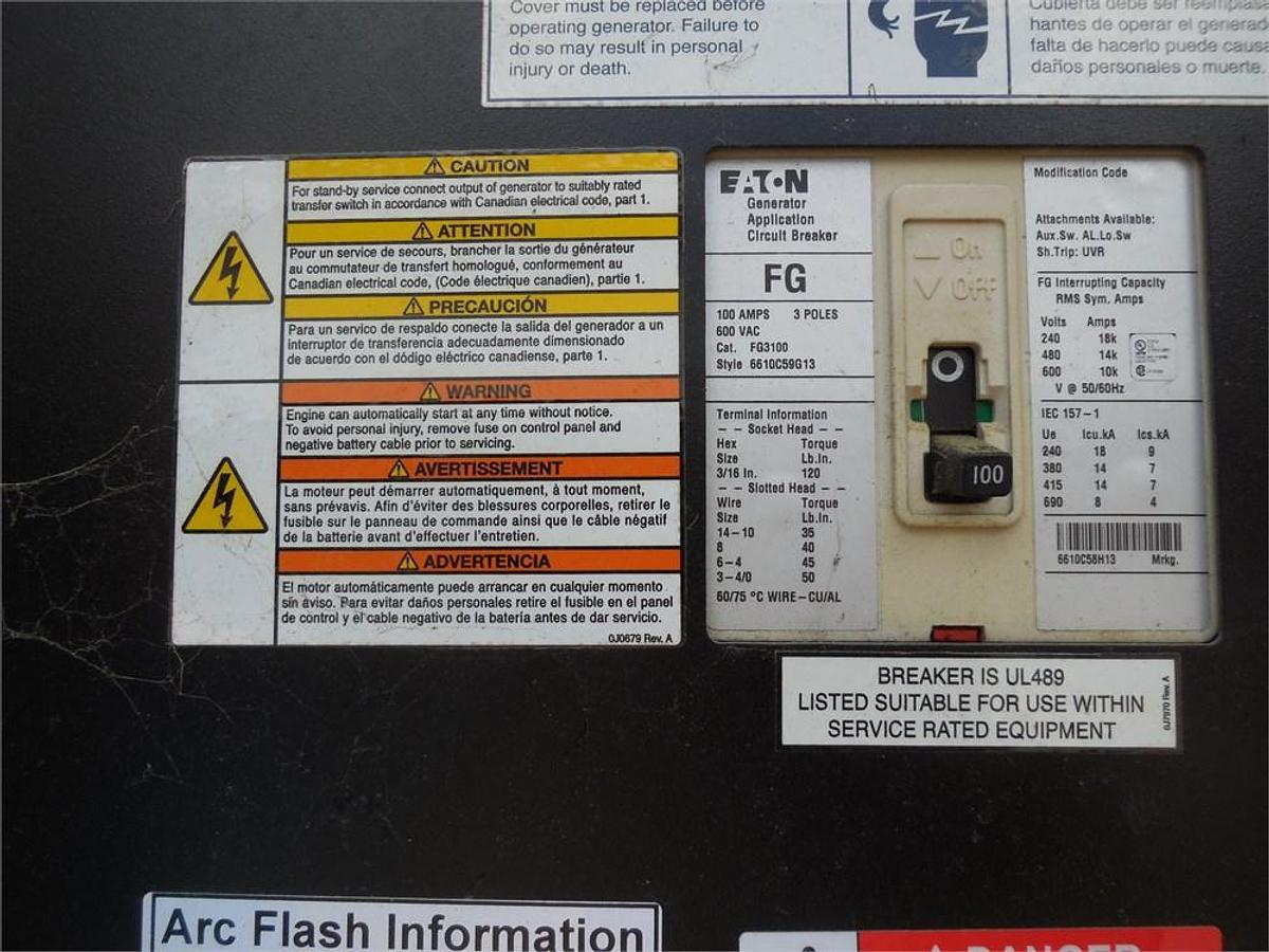 Used 2015 Eaton Generac SD0080G6174.5D18HPYY 80 kW generator with just 377 hours