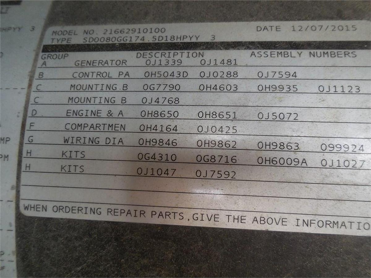 Used 2015 Eaton Generac SD0080G6174.5D18HPYY 80 kW generator with just 377 hours