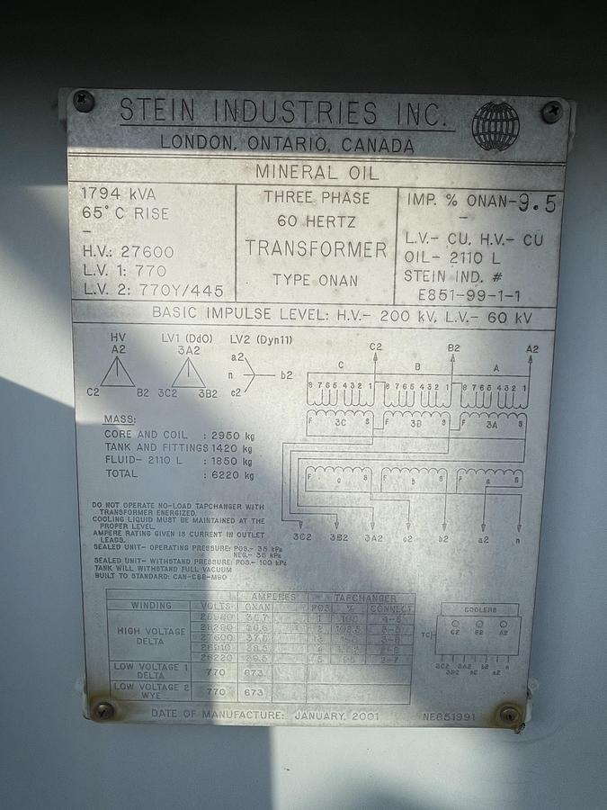 Surplus 2001 Stein 1794kVA Used transformer, HV: 27600V, LV: 770Y/445V