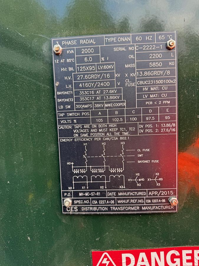 Used 2015 CES 2000 kVA Hv : dual 27.6 wye / 13.8 kv wye LV : 4160/2400 wye Transformer