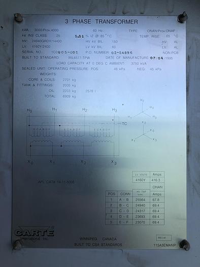 Used 1995 Carte 3Ph 3000/4000 kVA Transformer