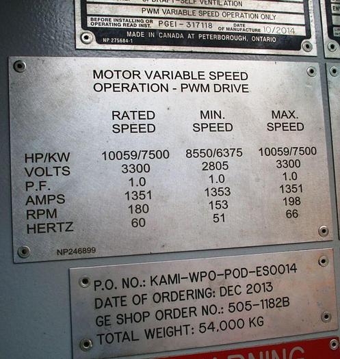 Surplus 2014 General Electric A-C Synchronous Adjustable Mill Drive Motors, rated 10,059 HP / 7,500 KW