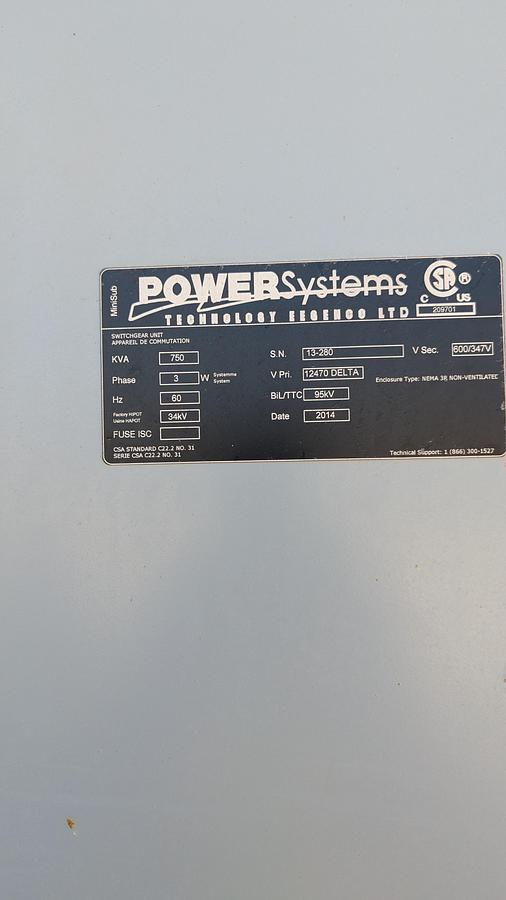 Used Power Systems enclosed mini substations (x2) cw/ 750kVA Transformers, 12.47kV SF6 Breakers, & ATS's