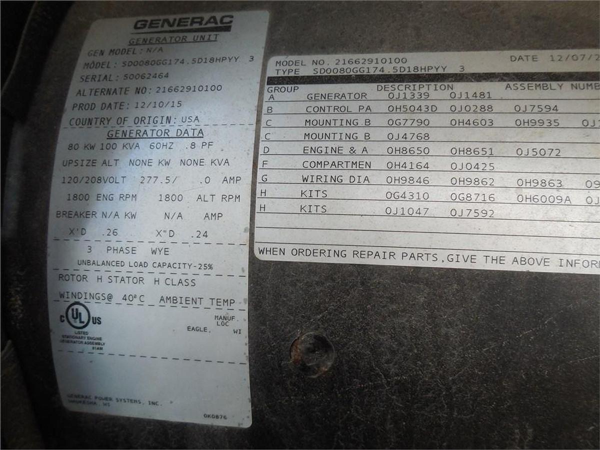 Used 2015 Eaton Generac SD0080G6174.5D18HPYY 80 kW generator with just 377 hours