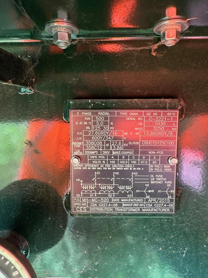Used 2015 CES 500 kVA Hv: Dual 27.6 wye / 13.8kV wye LV: 600/347V Transformers (x2)