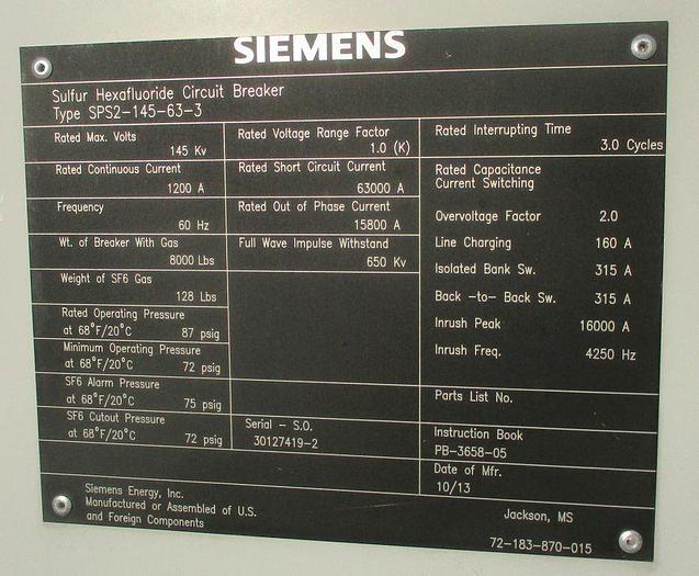 Surplus 2013 Siemens 145kV Substation SF6 Circuit Breakers, 1200 Amp