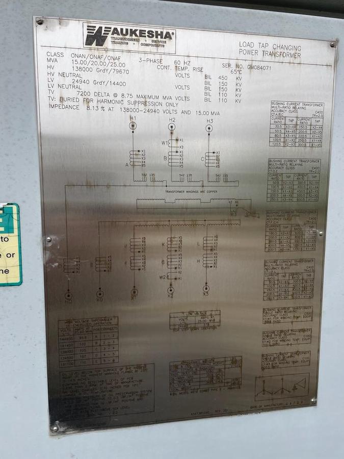 Surplus 2009 Waukesha 15/20/25 MVA Substation Transformers (2) HV:138000Y/79670, LV:24940Y/14400