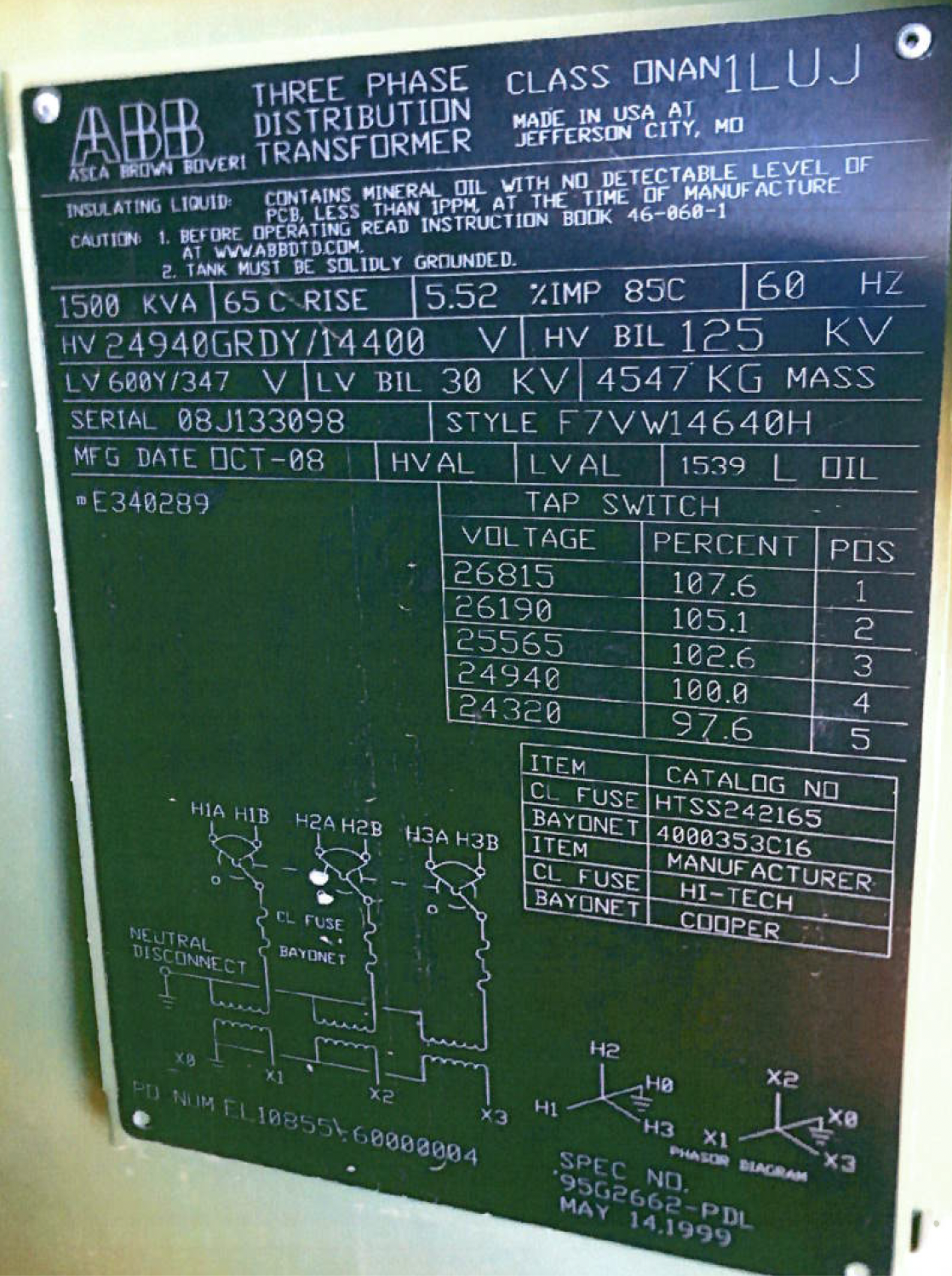 Used ABB 1500 kVA Transformers, 24940Y/14400V 600Y/347