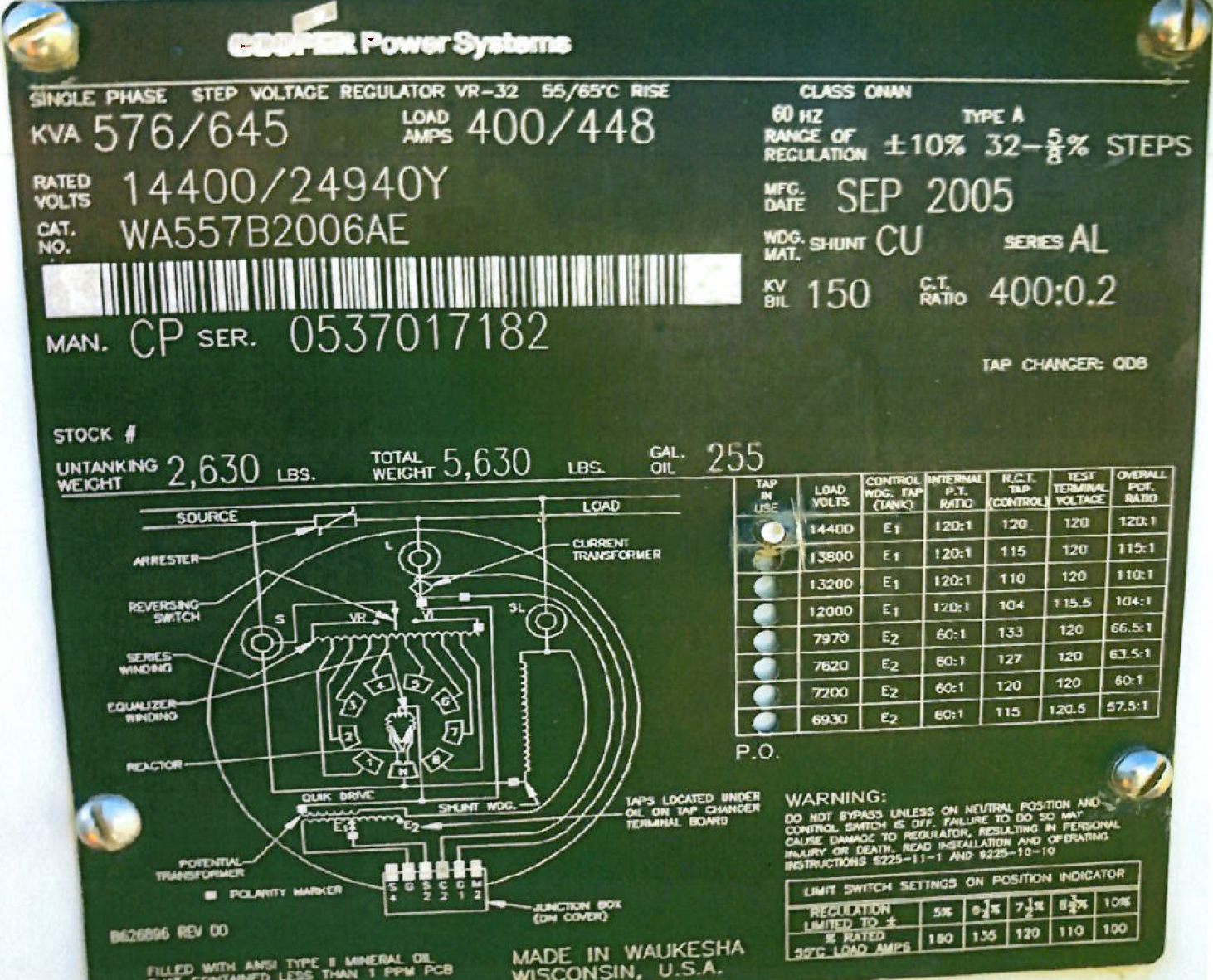 Used 1999 Carte 5 MVA Transformer, HV- 24940Y/14400, LV-4160Y/2400