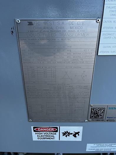 Surplus 2011 VIRGINIA TRANSFORMER QTY(4) 600 kVA HV: 6900V LV: 480Y/277 V