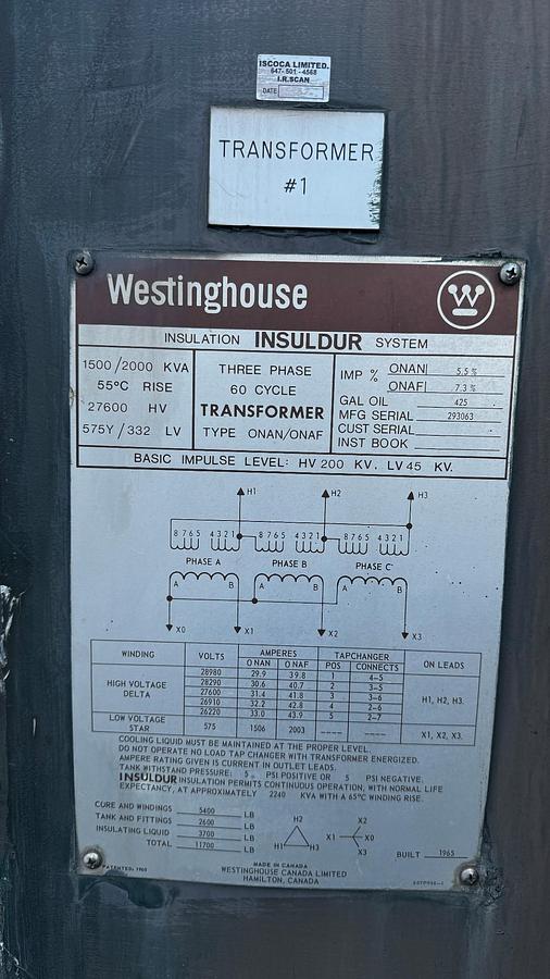 Used 1965 Westinghouse 1500/2000 kVA Transformer, HV: 27600 V, LV: 575/332 V