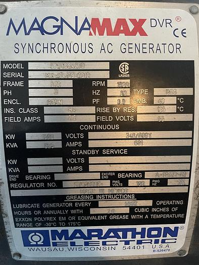 Used 2012 Magnamax 572rss4270 continuous 625kVA/ 500 kW Generator w/ABB Switchgear