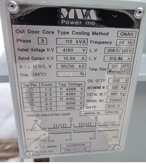 Surplus 2018 MVA Power 112 kVA, HV: 4160 V, LV: 208Y/120V, 3PH, Pole-Mount Transformer. Make an offer!