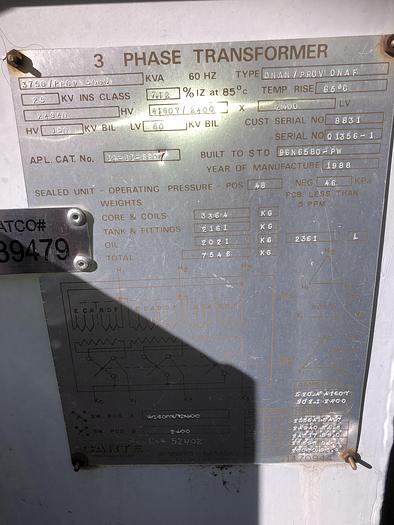 Used 1988 Carte 3Ph 3750/5000 kVA Transformer