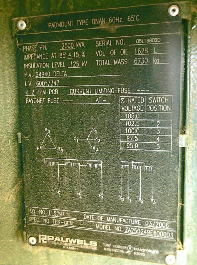 Used 2006 Pauwels 3PH pad-mount Transformer, 2500 KVA, HV: 24940 Delta, LV: 600Y/347 (x2)
