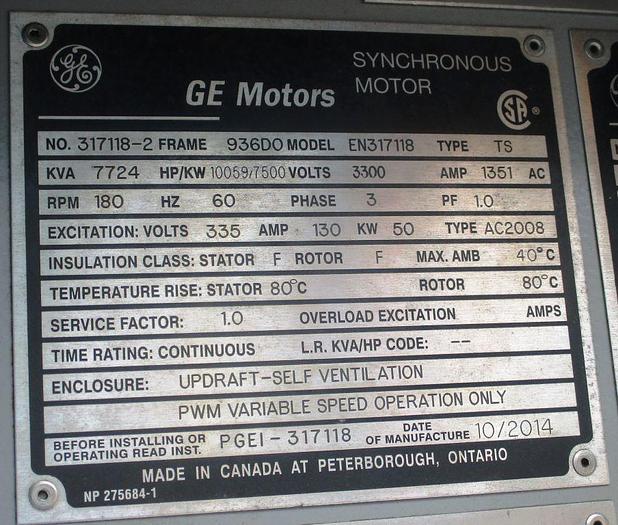 Surplus 2014 General Electric A-C Synchronous Adjustable Mill Drive Motors, rated 10,059 HP / 7,500 KW