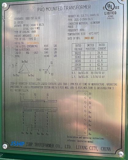 Surplus 2022 JHSP 2500 kVA Transformers HV: 34500V Delta , LV: 416V Y