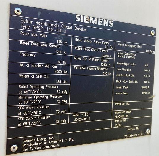 Surplus 2013 Siemens 145kV Substation SF6 Circuit Breakers, 1200 Amp