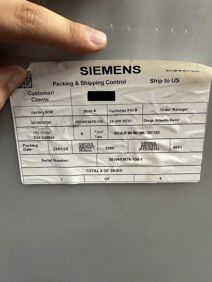 Surplus Siemens SDV7 38 kV 2500 Amp Vacuum breakers (x6)