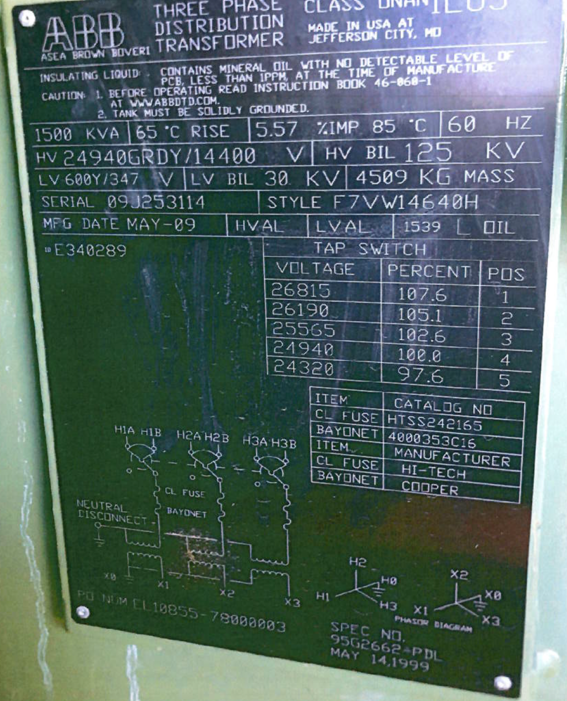 Used ABB 1500 kVA Transformers, 24940Y/14400V 600Y/347