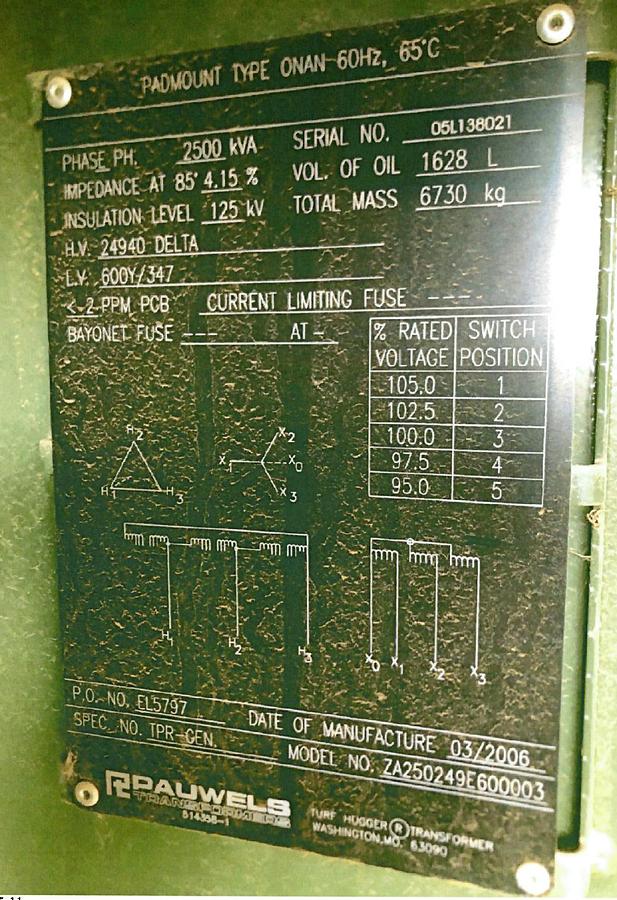 Used 2006 Pauwels 3PH pad-mount Transformer, 2500 KVA, HV: 24940 Delta, LV: 600Y/347 (x2)