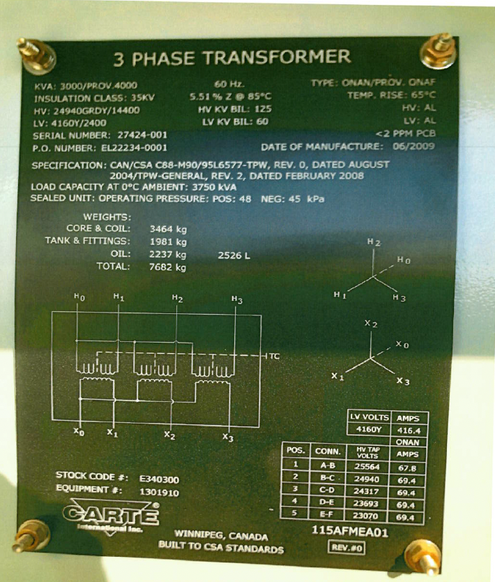 Used 2009 Carte 3 MVA Transformer, HV- 24940Y/14400, LV-4160Y/2400