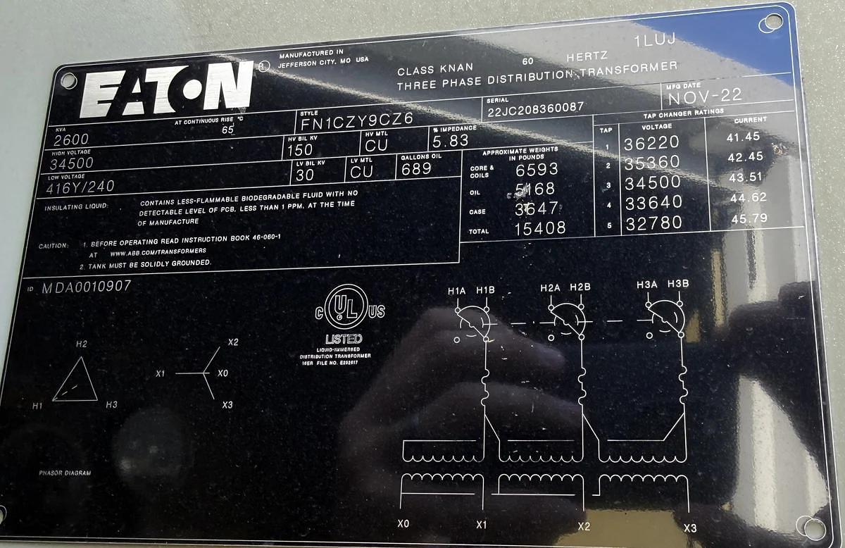 2022 Eaton 2600 kVA Transformer HV: 13800 V  LV: 415V pad mounted