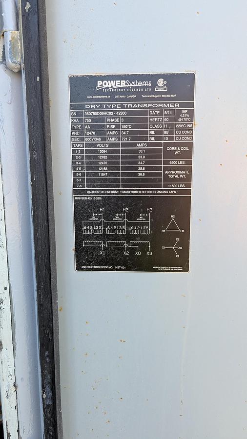 Used Power Systems enclosed mini substations (x2) cw/ 750kVA Transformers, 12.47kV SF6 Breakers, & ATS's