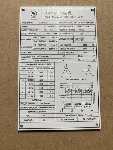 Surplus 2025 Calvary Energy 2550 kVA NEW Padmount transformer HV: 13200V  LV: 480GrdY/277V