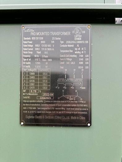 Surplus 2022 JSHP FR3 2500 kVA HV: 34500 V LV: 416 GrdY / 240 V Padmount Transformers (? of 133)