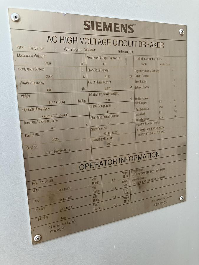 2025 Siemens SDV7-SE 38kV-2000A new unused Vacuum breaker