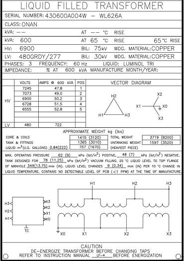 Surplus 2011 VIRGINIA TRANSFORMER QTY(5) 600 kVA HV: 6900V LV: 480Y/277 V