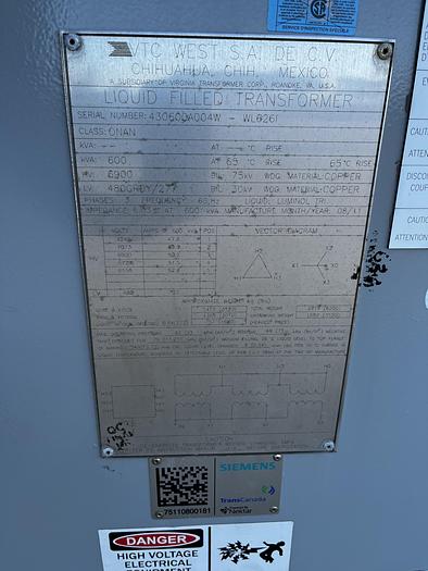 Surplus 2011 VIRGINIA TRANSFORMER QTY(4) 600 kVA HV: 6900V LV: 480Y/277 V