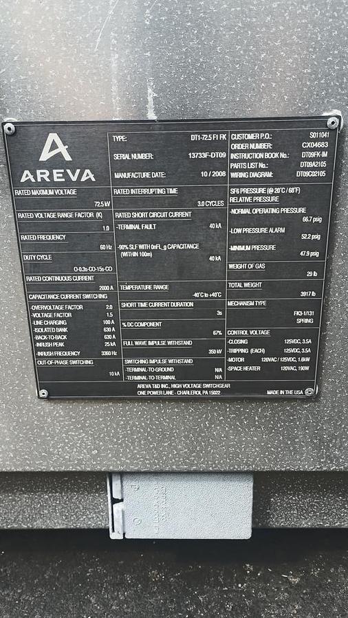 Used 2008 Areva DT1-72.5 F1 Fk, 72.5 kV  2000A Breaker switchgear