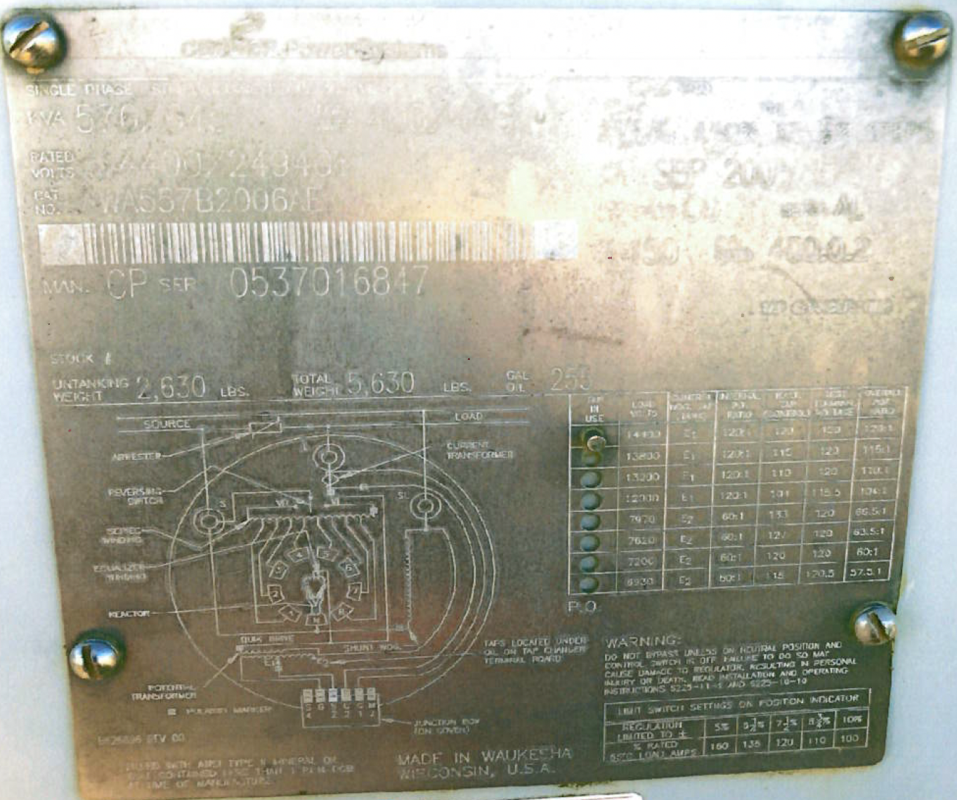 Used 1999 Carte 5 MVA Transformer, HV- 24940Y/14400, LV-4160Y/2400
