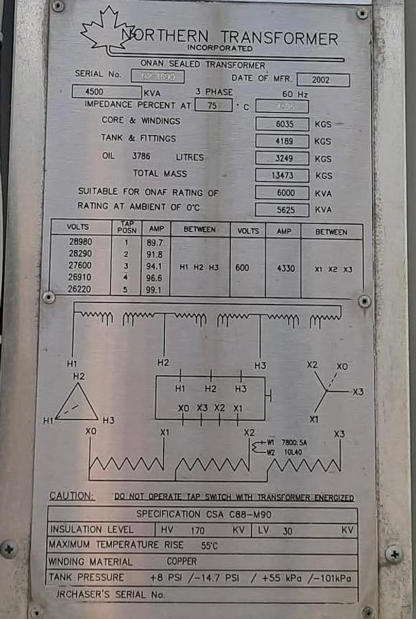 Used 2002 Northern Transformer 1500/2000 kVA Transformer, HV: 27600 V, LV: 600 V