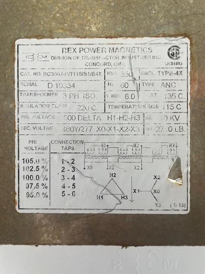 Used 2013 REX 350 kVA Transformer with enclosure HV: 600 V Delta LV: 480Y/277 V