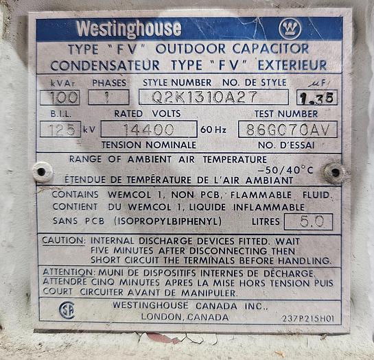 Surplus Westinghouse 100kva 14400V 125KV BIL Outdoor Capacitors