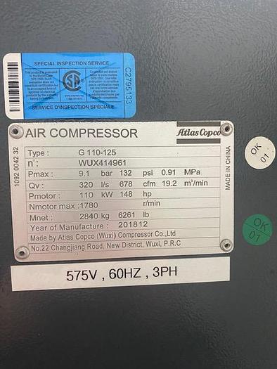 Used 2019 Atlas Copco G110 660 CFM Compressor with Refrigerant dryer